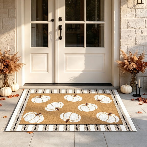 Fall Door Mat Set, Layered Fall Porch Rug with Pumpkin Design, Halloween Door Mat for Front Door, Autumn Welcome Rug for Porch Entryway, Indoor Outdoor Home Decor