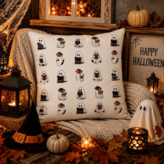 AZXY Halloween Pillow Covers, White Ghost Decorative Throw Pillow Covers 18x18 Inch, Square Cushion Pillow Cases, Halloween Decorations Indoor for Sofa Couch Bedroom, Ideal Halloween Gift