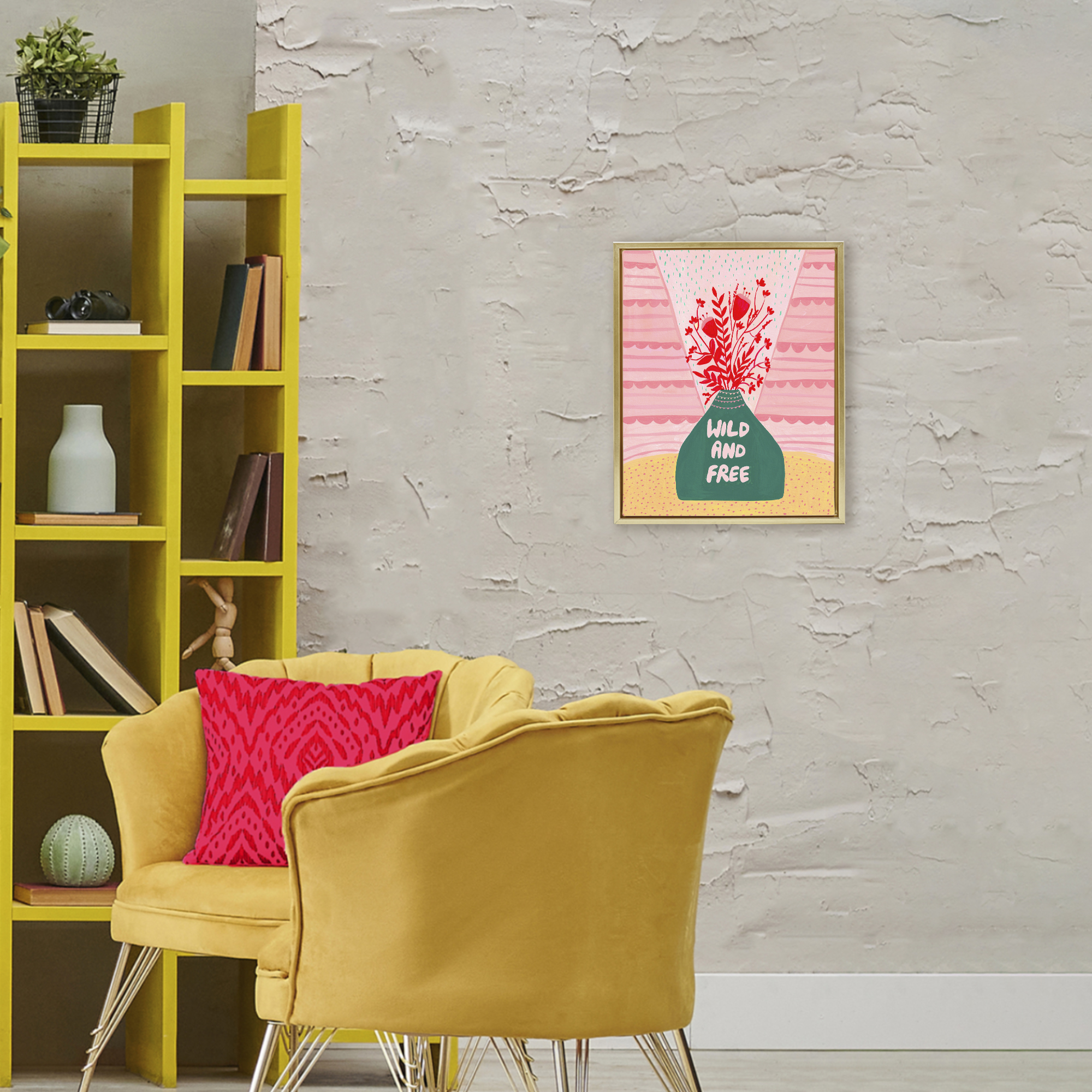 Midcentury Wild And Free Gold Framed Floater Canvas Wall Art, design by Nabeela Rumi