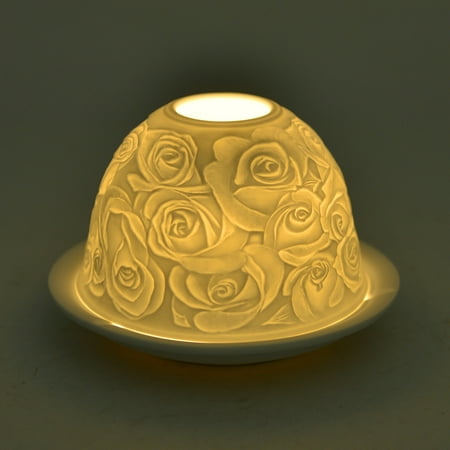 Engraved Candle Holder - Set of 2 Rose Engraved Ceramic Candle Holder For Home Decors with LED Light 5x3