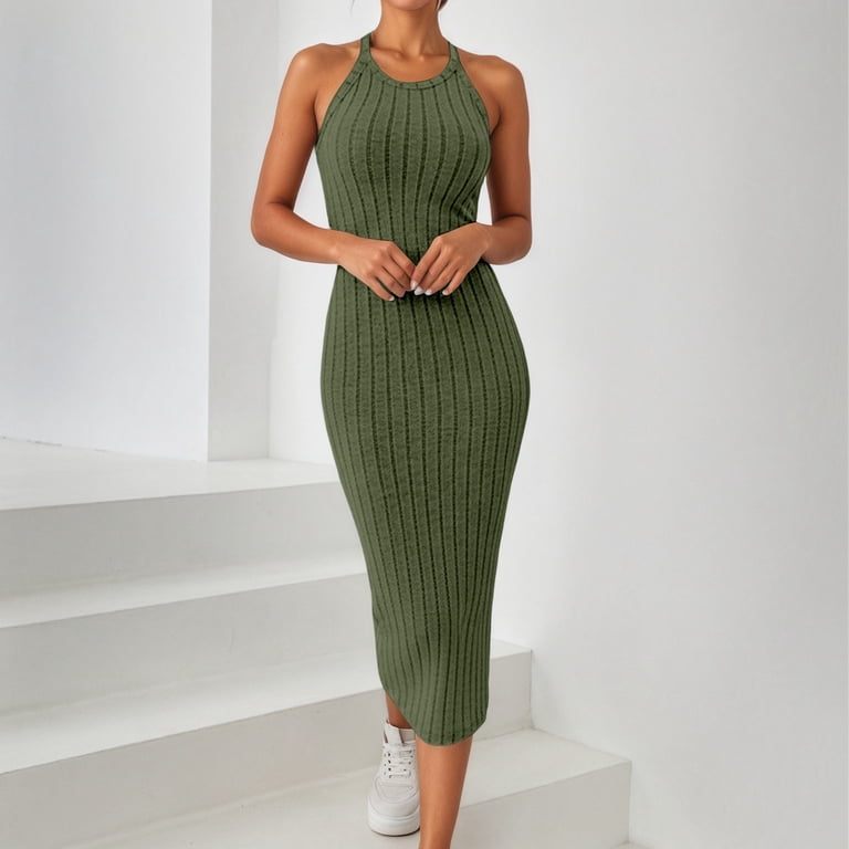 green knit summer dress Jtieacloth Women's Dresses Elegant With Round Neck Solid Color Casual Midi Dress For Everyday Wear Versatile Knit Top Layer And leslie