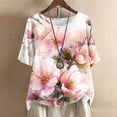 thumbnail image 2 of Busydd Womens Tops Boho Floral Print Cotton Linen Blouses Short Sleeve Round Neck Tshirts Fashion Casual Buton Shirts Comfort Loose Bohemian Summer Tops,Plus Size Tops for Women S-4XL, 2 of 5