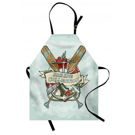 Antique Yacht Nautical Apron Sailing Collection Yacht Antique Historical Icons Life Saver Oars, Unisex Kitchen Bib Apron with Adjustable Neck for Cooking Baking Gardening, Almond Green Multicolor, by Ambesonne ()