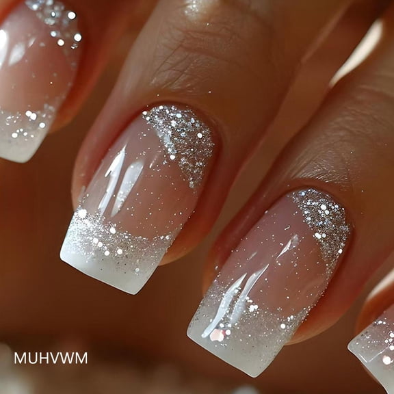 24x Artificial Nail Medium Square Press On Nail Glittering Stick on Nail French Tip False Nail Manicures Supplies