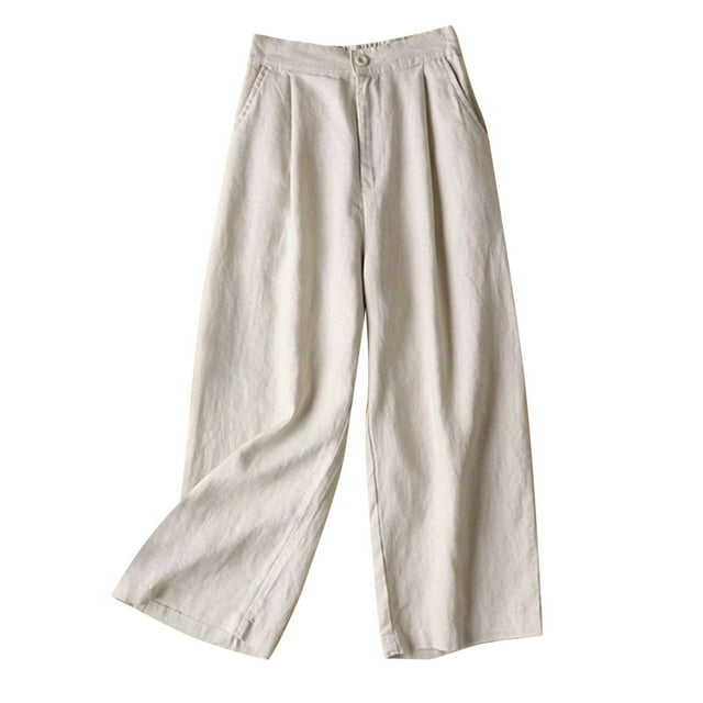 Timegard Womens Lounge Pants Wide Leg Cotton Linen Elastic Waisted Button Loose 3/4 Pants with Pockets