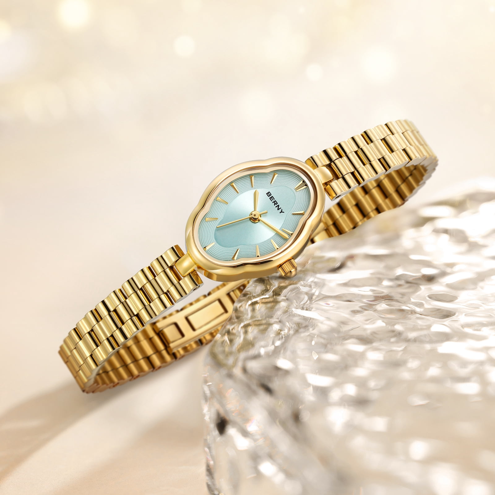 BERNY Small Gold Watches for Women Dainty Vintage Ladies Analog Quartz Bracelet Watch, Adjustment Tool Included Stainless Steel Waterproof, Fashion Luxury Womens Wrist Watches Gifts (Blue)