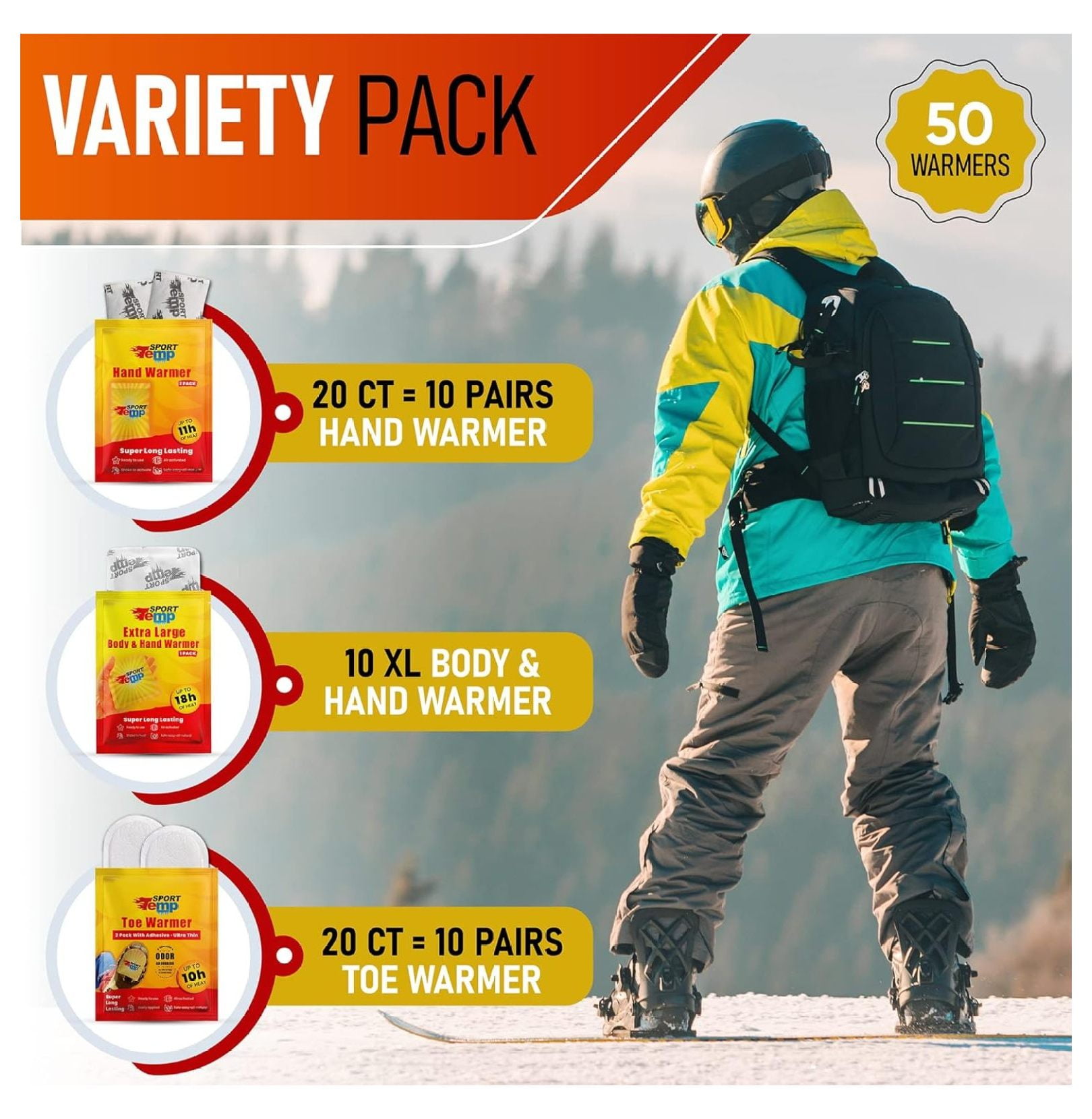 Hand & Toe Warmers Variety Pack - 30 Pairs Air Activated Heat Pads for Cold Weather - Hand, Toe, & XL Body Warmers for Skiing, Hiking, Hunting