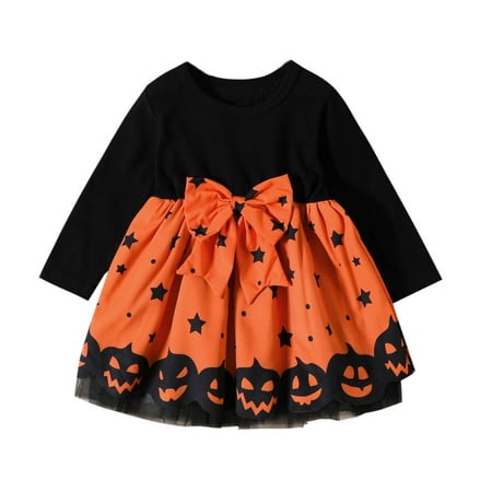 

Toddler Girls Long Sleeve Hallowmas Star Pumpkin Prints Bowknot Dress Clothes Dress Overalls for Toddler Girls Little Girl Ruffle Dress 9 Dresses Back A Line Flippy Dress for Girls Fall Applique Dress