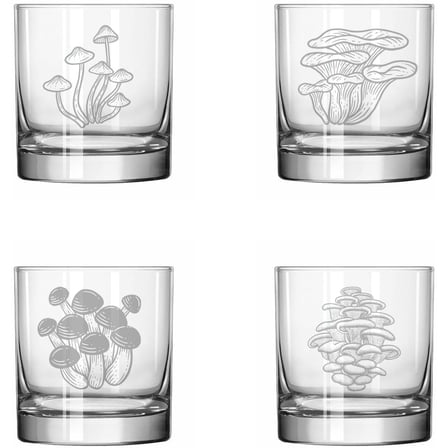 Set of 4 Glass 11 oz Rocks Whiskey Glass Gift Mushroom Collection