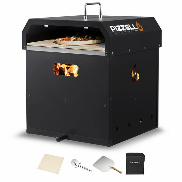 16" Outdoor Pizza Ovens Bbq Wood Pellet with Pizza Stone, Pizza Peel, Pizza Cutter, Cover, Cooking Grill Grate - Black