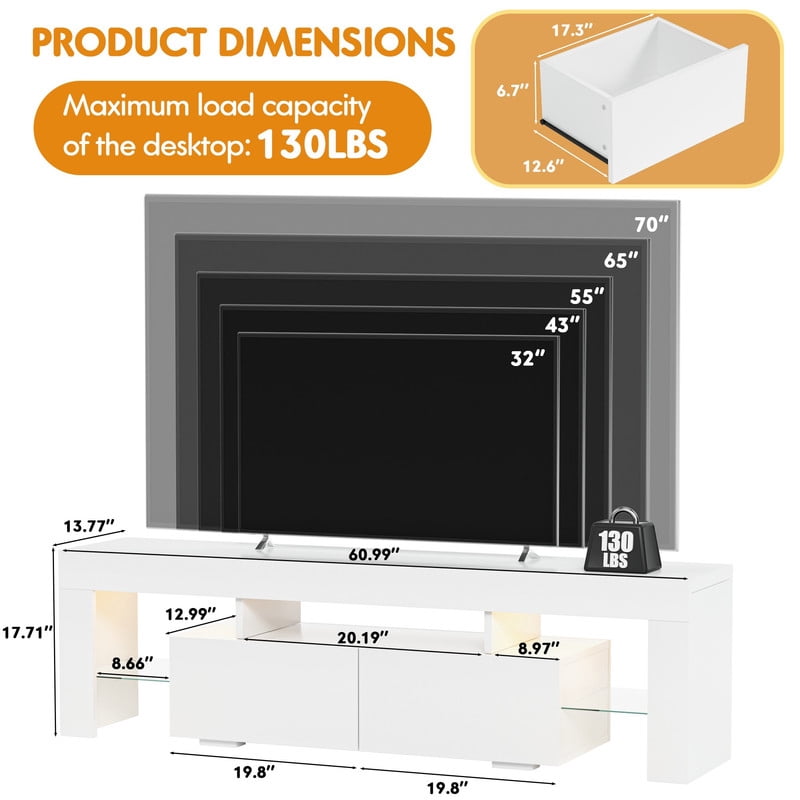 Lacoo 70" LED TV Stand for 70 Inch TV, Modern Media Console with 2 Extra Deep Drawers and RGB Light Strip, Gaming Entertainment Center with Open Glass Shelves