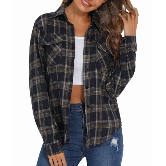 Womens Plaid Flannel Shirts Casual Roll Up Long Sleeve Boyfriend Button Down Checkered Shirt 101 Cyan S