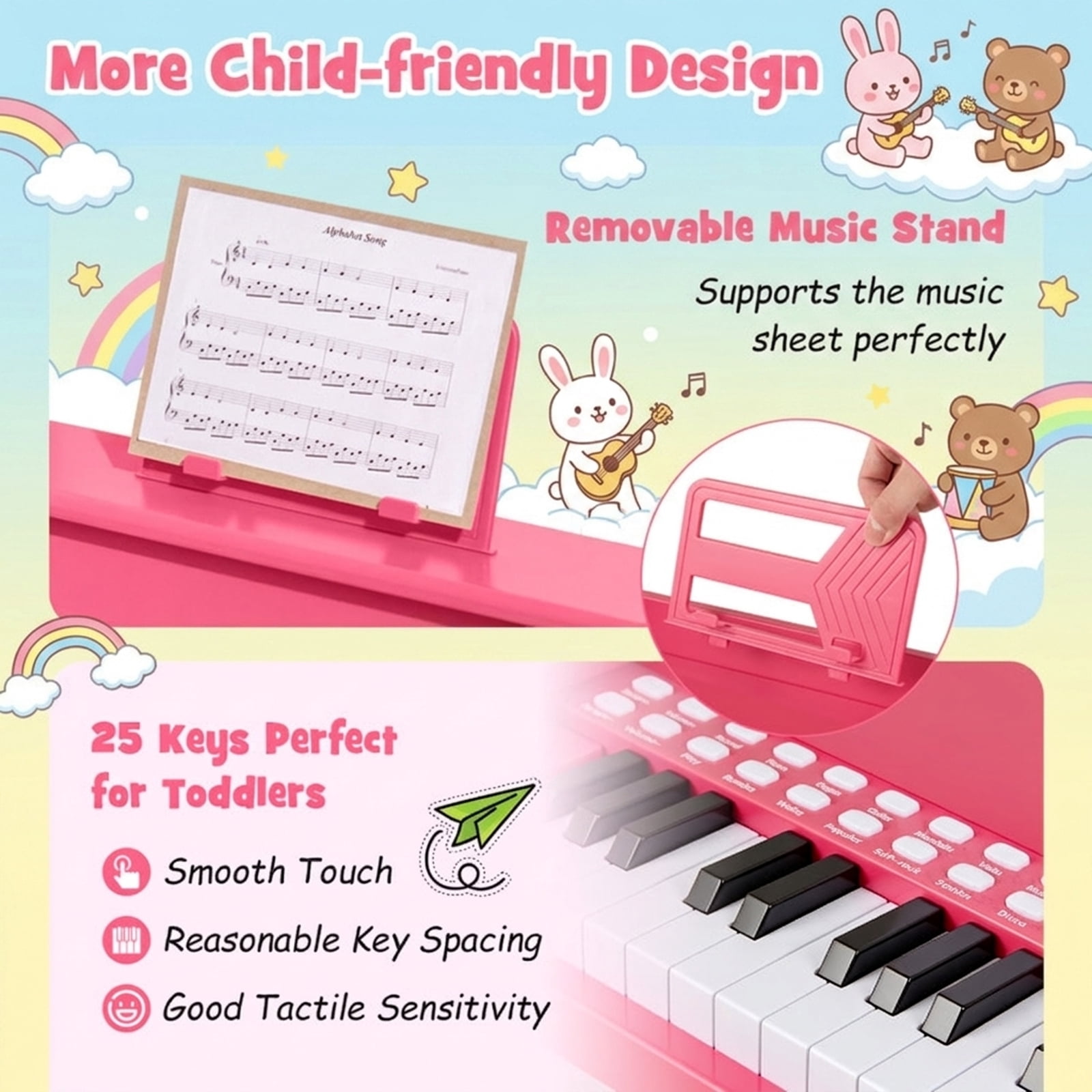 Redsmile 25-Key Kids Mini Digital Piano with Stool, Music Stand and Wooden Cabinet for Toddlers, Pink