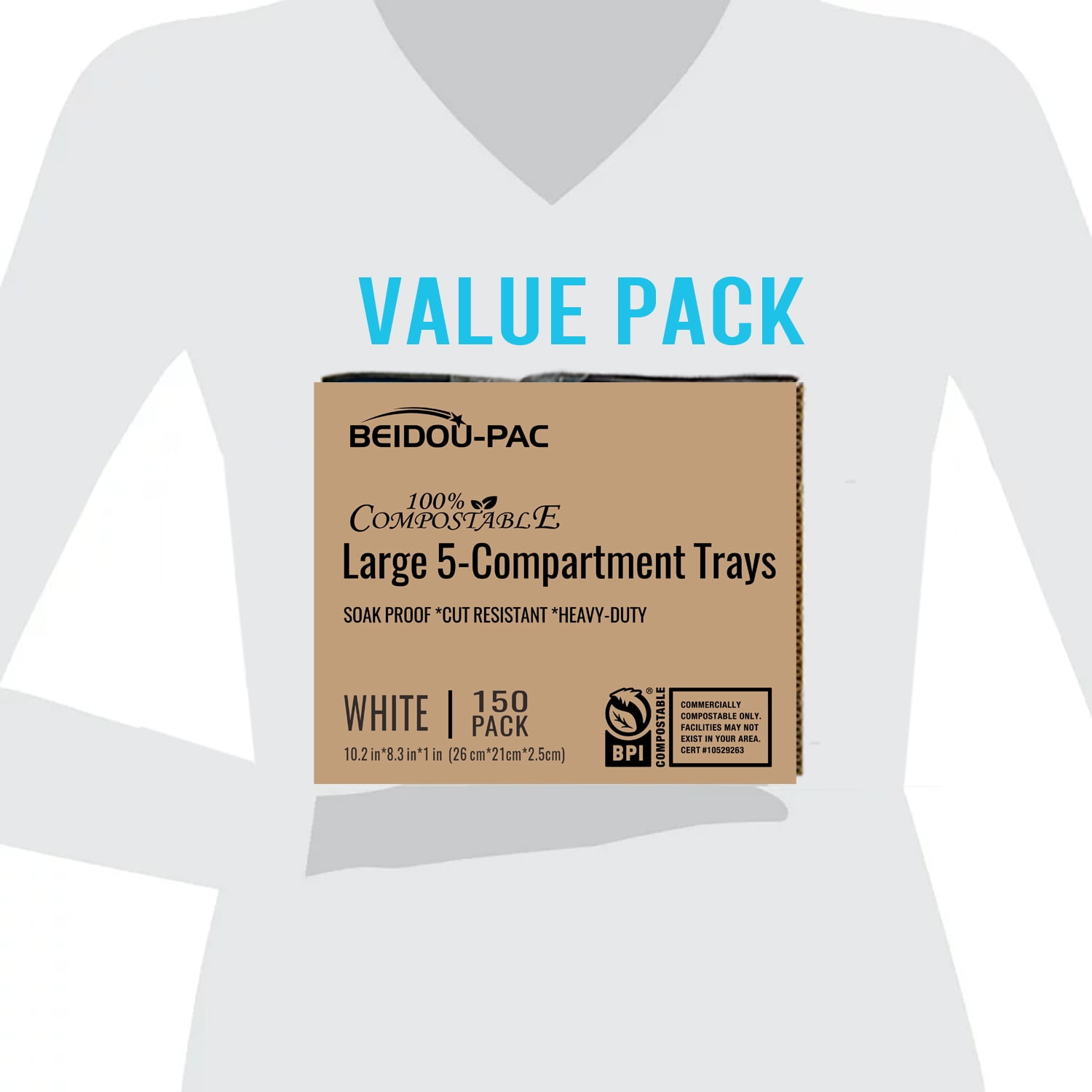 BEIDOU-PAC 5 Compartment, Compostable, Heavy Duty Disposable Paper Plates, 10.3"* 8.3", 150 Count Lunch Tray