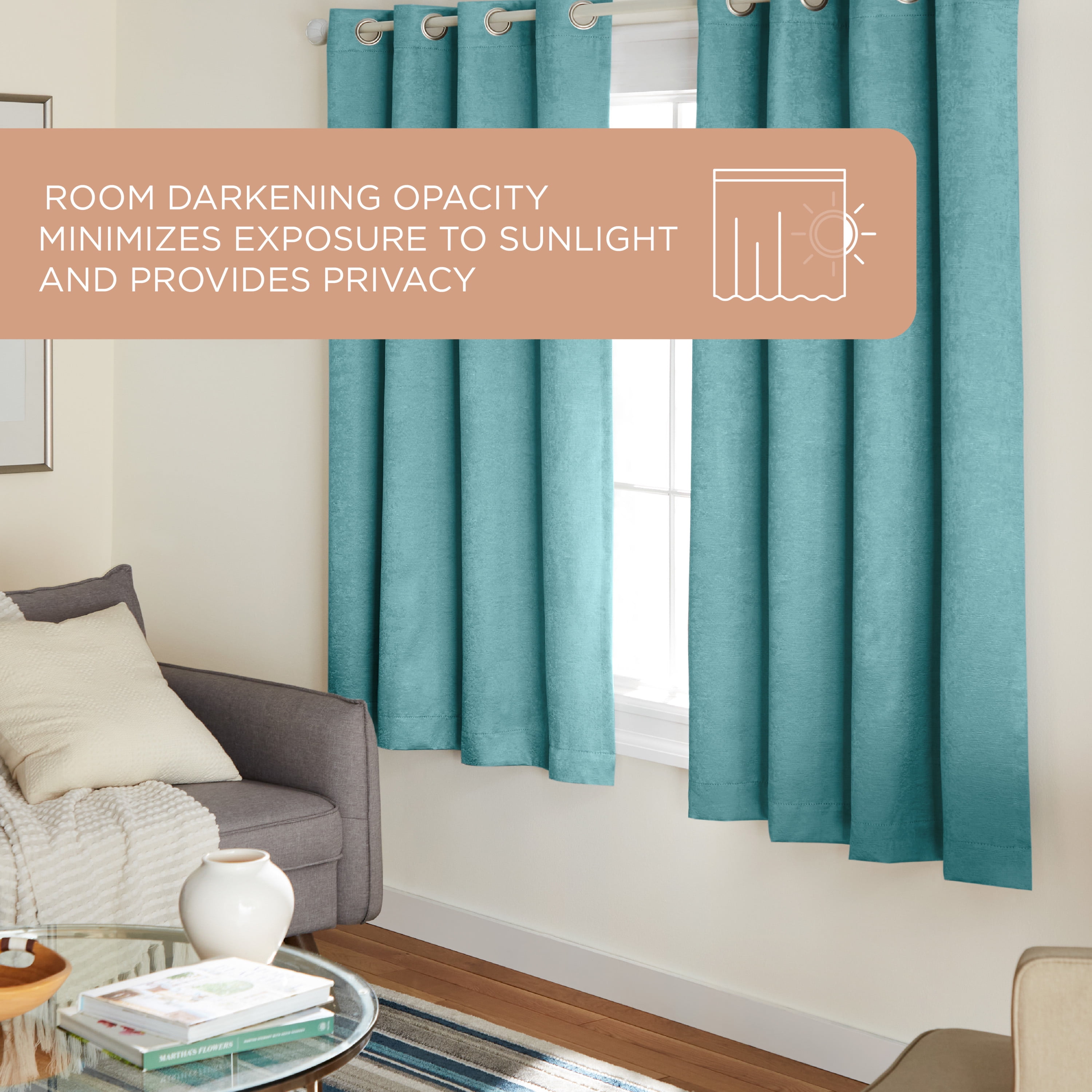 TOWN & COUNTRY EVERYDAY Lustre Solid Heavyweight Textured Sateen Indoor Curtains, Room Darkening Opacity, Grommet Top, Energy Efficient, 2-Pack Set, 52"x63", Teal