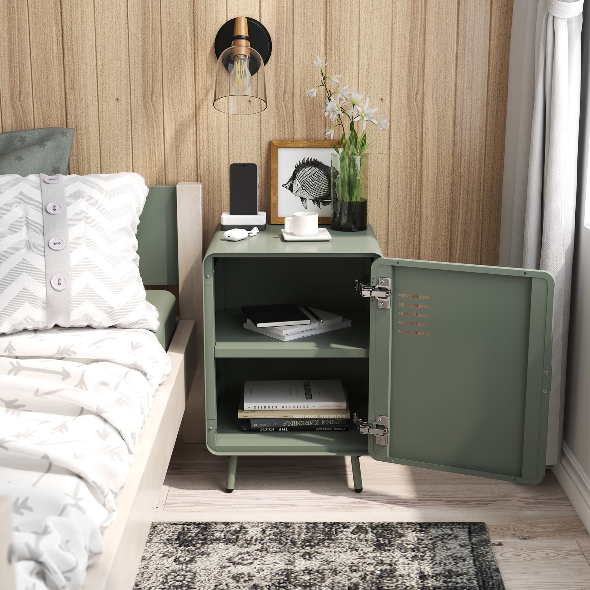 Homy Casa Storage Locker Nightstand with Shelves Metal End Table for Bedroom Dorm Office Mint Green