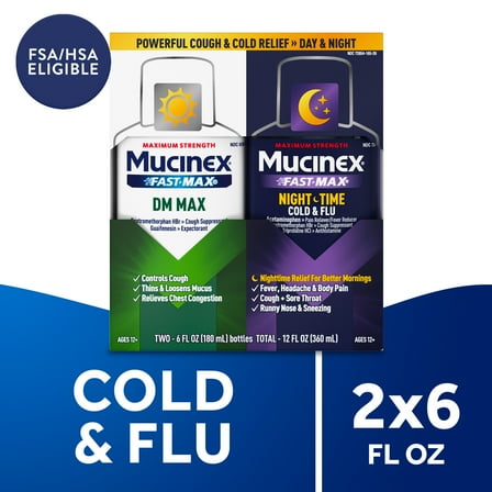 Mucinex Fast-Max DM Max & Nightshift Cold and Flu Medicine, OTC Day/Night Cough Medicine, 2x6 fl oz