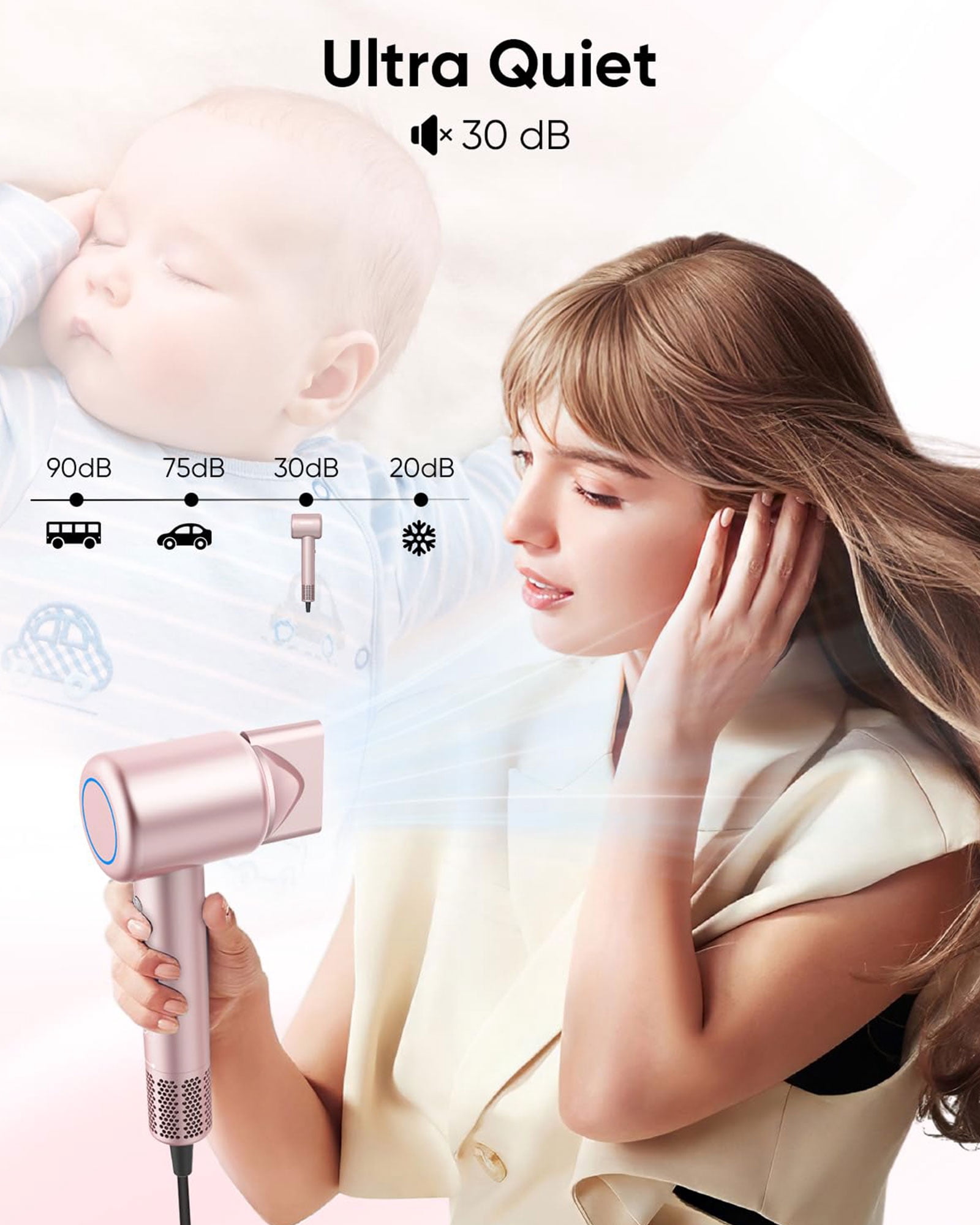 Hair Dryer, High-Speed Ionic Low Noise Blow Dryer with Brushless Motor for Fast Drying, Thermo-Control Quiet Compact Hair Blow Dryer with Magnetic Diffuser for Curly Hair for Home Travel Salon