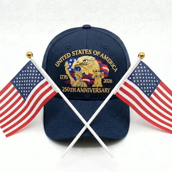 Unisex Vintage Washed Denim 3D Embroidered Baseball Cap, 4th of July USA 250th Anniversary Hat and 2 Flags Set
