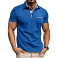 thumbnail image 2 of Yifymode Men's Classic Fit Short Sleeve Polo Shirt, Plaid Trim Collar Pocket Business Casual Top Blue L, 2 of 7