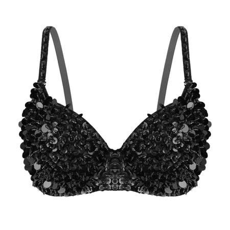 Sywiyi Women's Sequins Sparkle Beaded Accents Bra Top Rave Cabaret Belly Dance Costume Clubwear Black 36/80