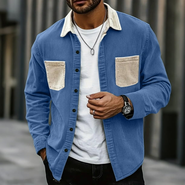 pstuiky camisa de manga larga para hombre, Chaqueta tipo cárdigan de manga larga con solapa y bloques de color para hombre Tops casuales para hombres l