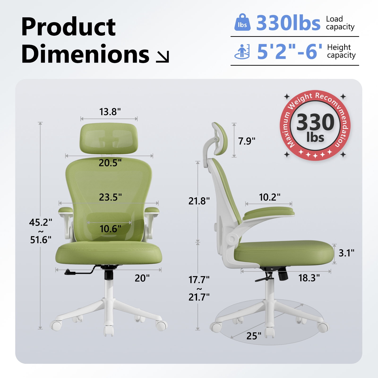 HomeZeer Desk Chairs with Wheels, Mesh Office Chair with Lumbar Support, Ergonomic High Back Office Chair with Adjustable Headrest, Task Chair Flip-up Arms, Executive Office Chair Home Office, Green