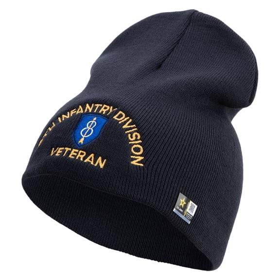 U.S. Army 8th Infantry Division Symbol Embroidered 8 Inch Solid Knit Short Beanie Made in USA - Navy OSFM
