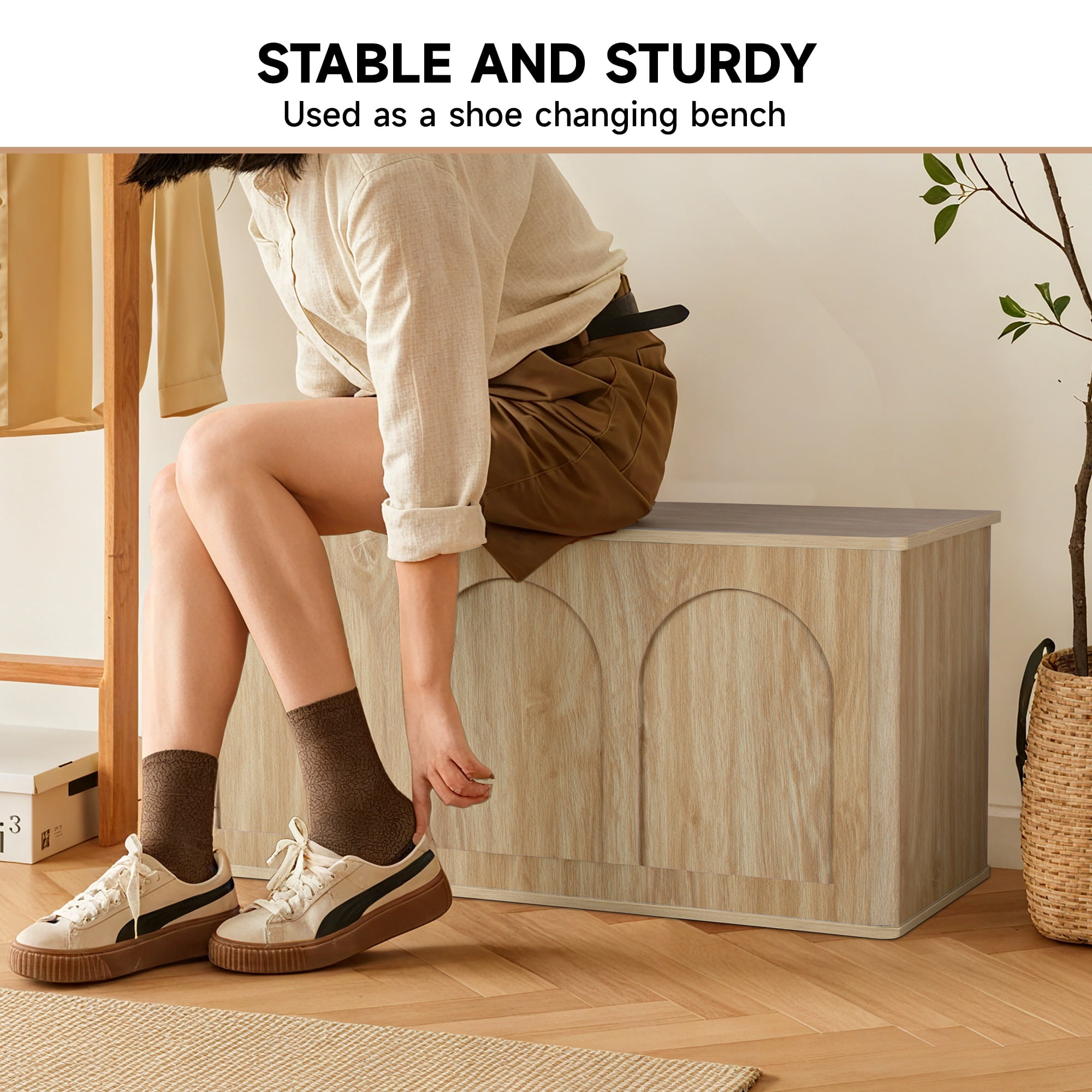 Wirrytor 39" Large Curved Edge Shoe Storage Bench with Flip Top, Arched Panel Storage Chest for Entryway Hallway Bedroom Toys Blankets, Natural Wood