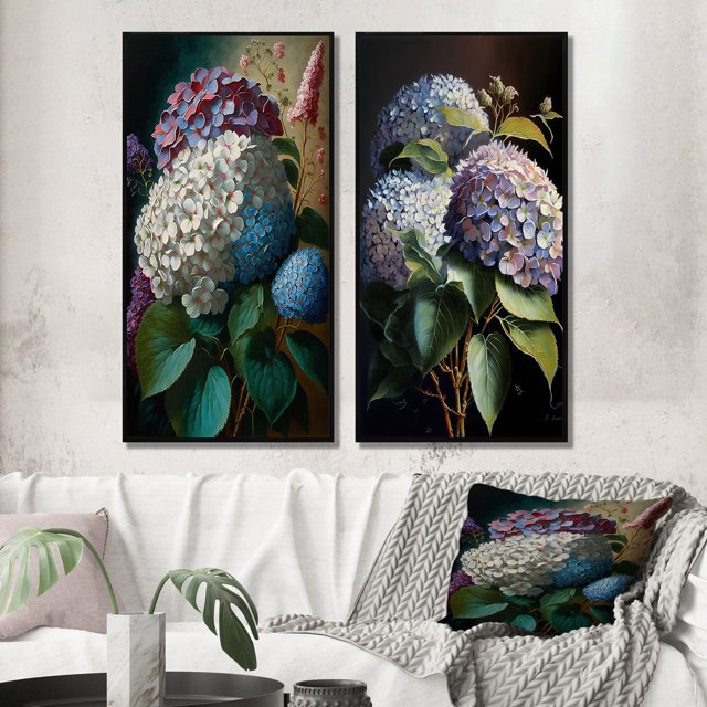 Designart "Purple Retro Hydrangea Blossoming I" Floral Framed Wall Art Set Of 2 - Traditional Purple Gallery Wall Frame Set For Home Decor