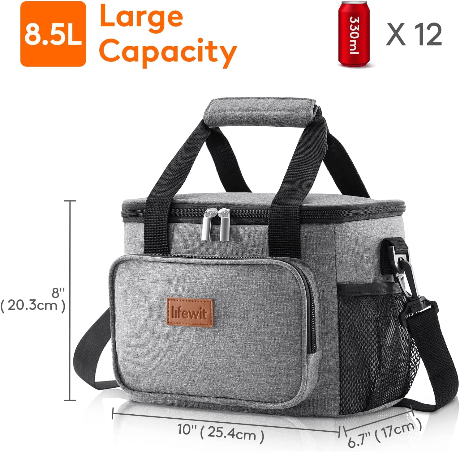 Lifewit 12-Can (8.5L) Large Lunch Bag Insulated Lunch Box Soft Cooler, Gray  Shoulder strap 