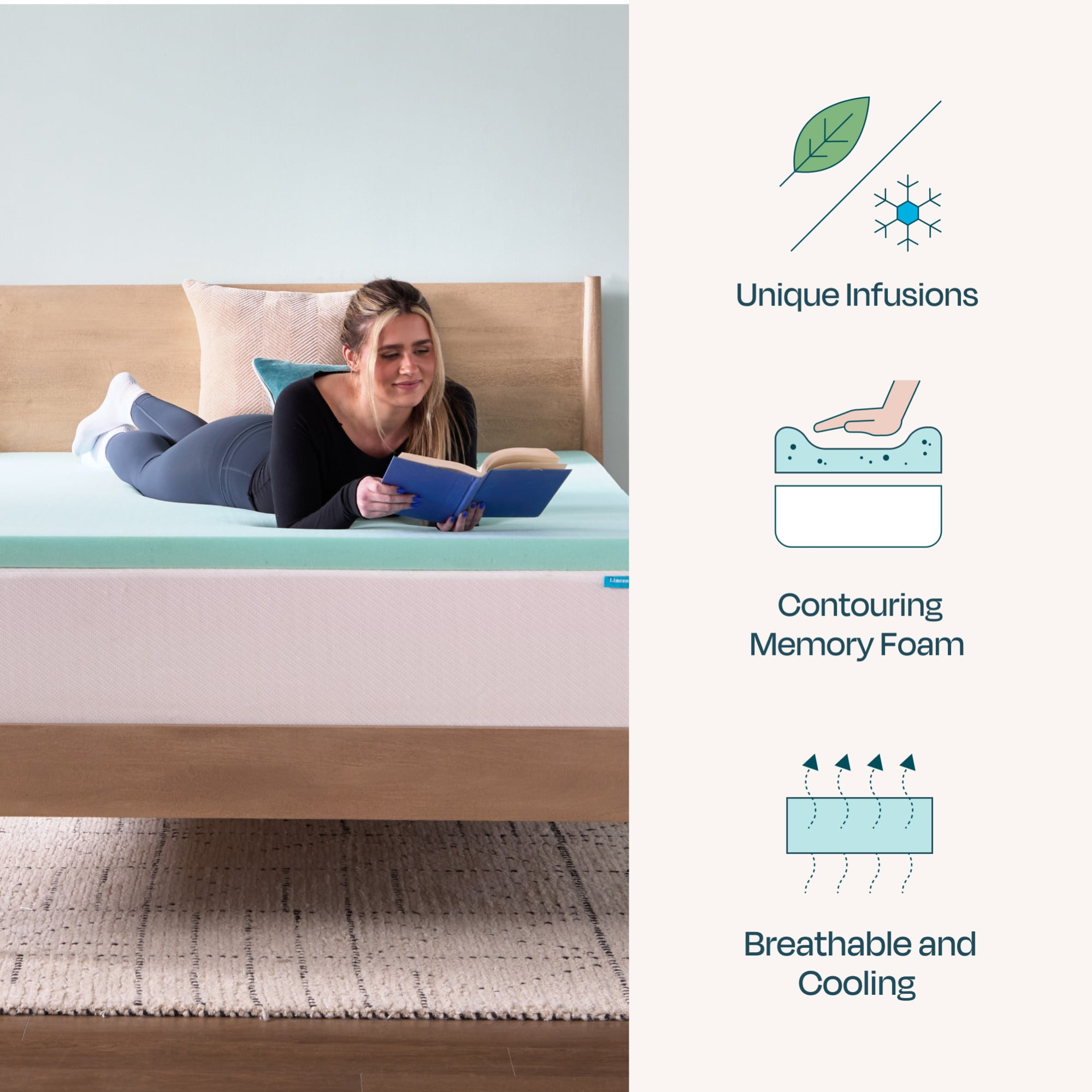 Linenspa 2" Cooling Gel and Green Tea Infused Memory Foam Mattress Topper, Full