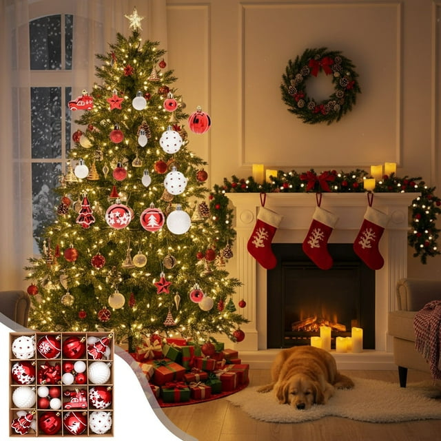 Christmas Tree Ornament Set, Decorative Balls, Shatterproof Plastic, 6cm Diameter, Red and White Color Scheme, for Holiday Party Decor, Home Christmas Tree Trimming, Festive Mantel Display, 42-pack,