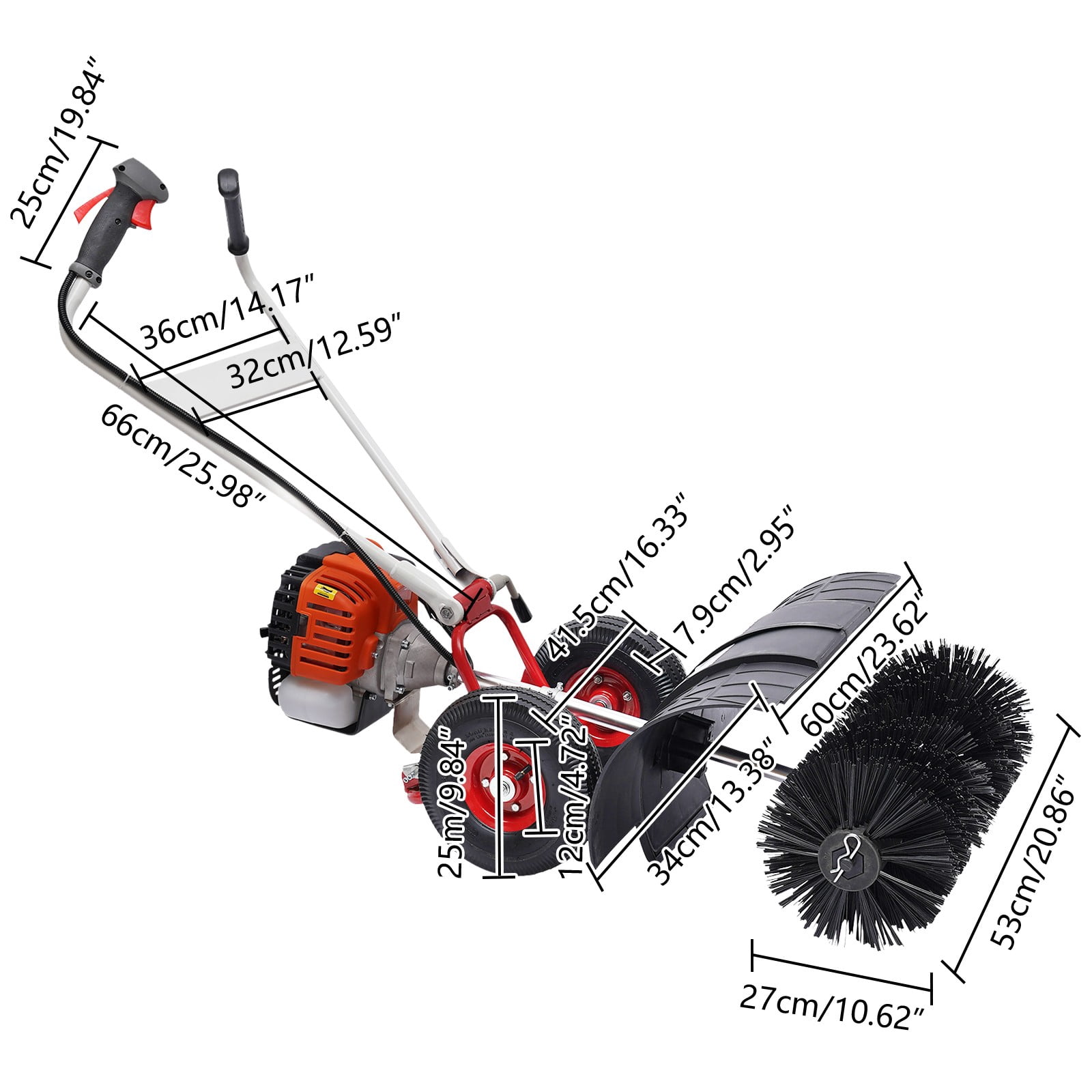 52cc 109*60*38cm Hand Push Snow Sweeper 1.82kw Gas Broom for Artificial Turf Combing Quartz Sand Filling Sweeping