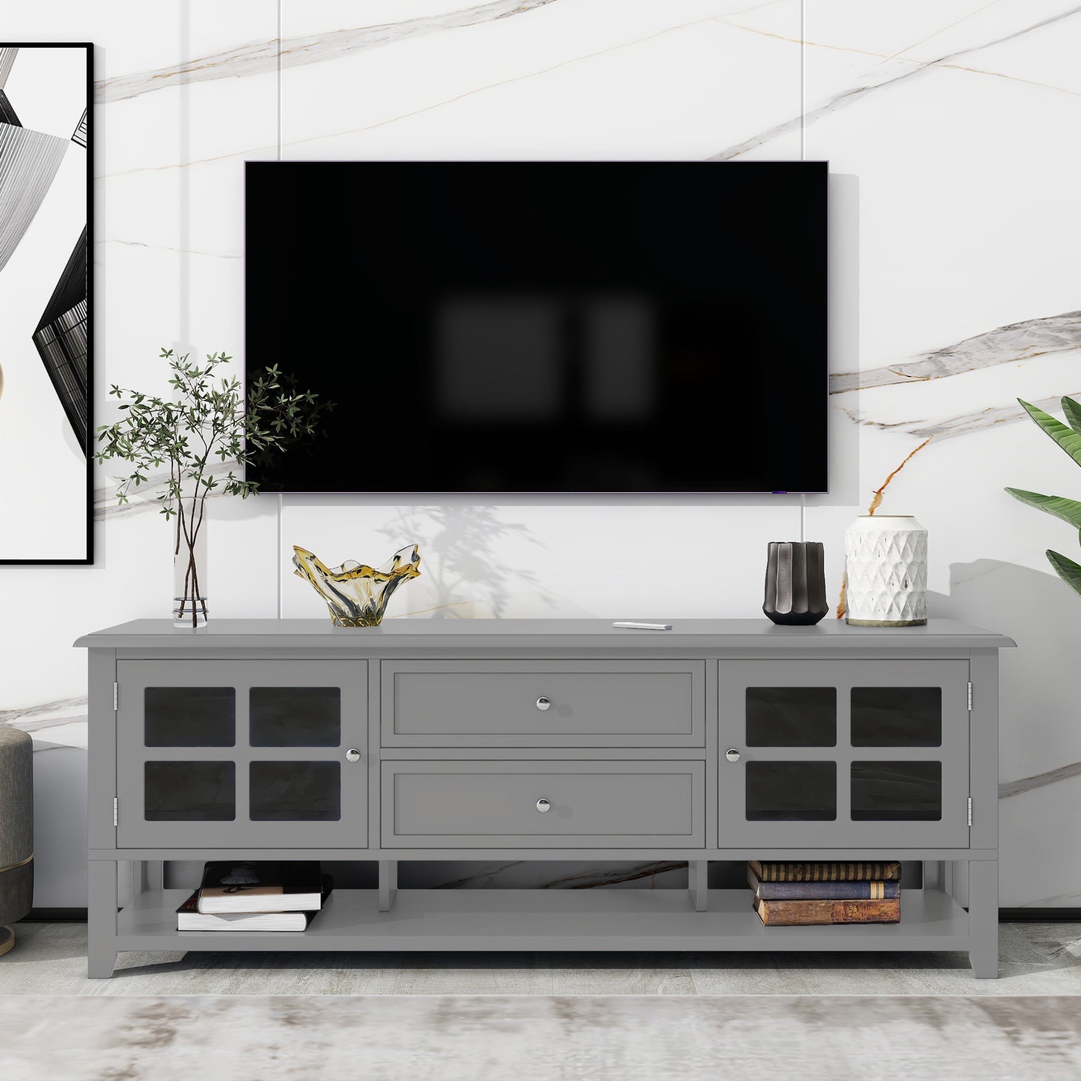 Noble House TV Stand for TVs up to 60 Inch with Dual Drawers, Storage Cabinets, Gray