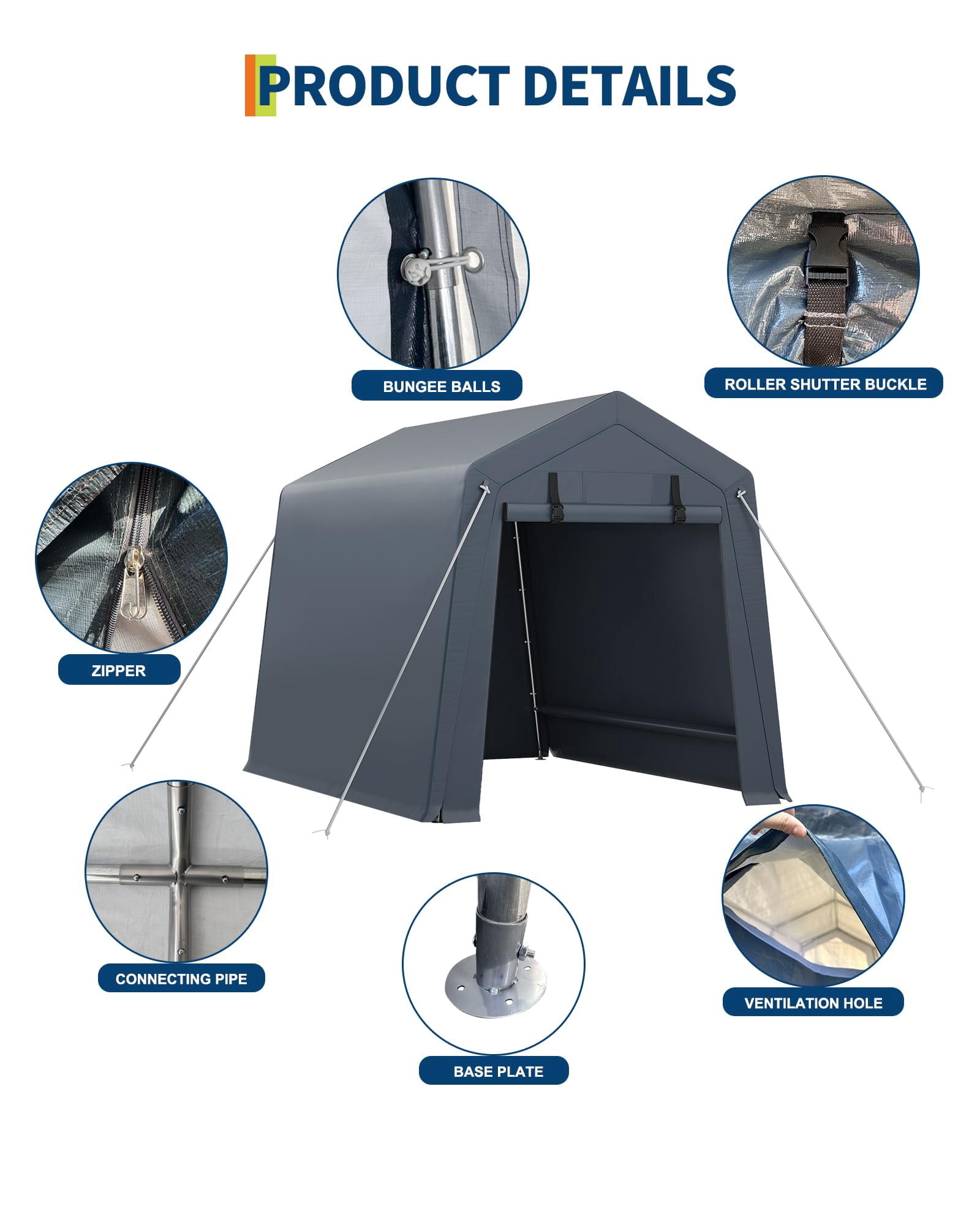 Heavy-Duty Carport Garage for Outdoor Storage, 6x8 FT Waterproof UV-Resistant Portable Shelter with Roll-Up Zipper Doors, Gray/Khaki