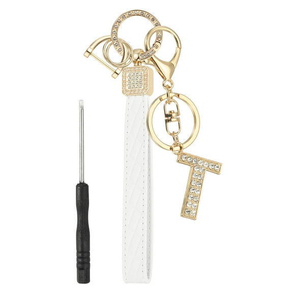 Leather Wristlet Keychain, Letter T Keychains with Key Ring and D Ring Car Keys Keychain Decorative Alphabet Key Chain for Bag Backpack DIY, Gold Tone