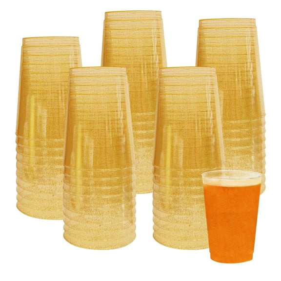 LESYAO 50Pcs 10 oz Glitter Plastic Cups for Party, Dazzling Cocktail Glasses for Wedding, Christmas, New Year Party disposable Gold Plastic Cups