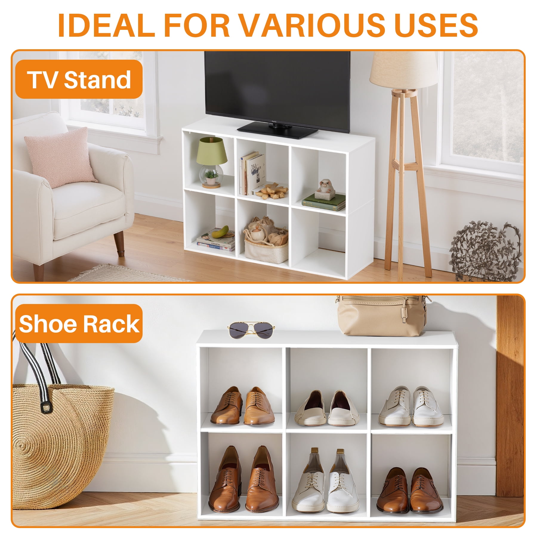 Cube Bookshelf White, 6 Cube Storage Organizer Bookcase, Display Bookcase, TV Stand, for Living Room, Home Office, Bedroom