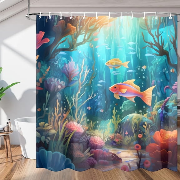 Fish Underwater Scene Shower Curtain, Waterproof Fabric Shower Curtain, Washable Polyester Bath Curtain for Bathroom Decor 36"W X 72"H
