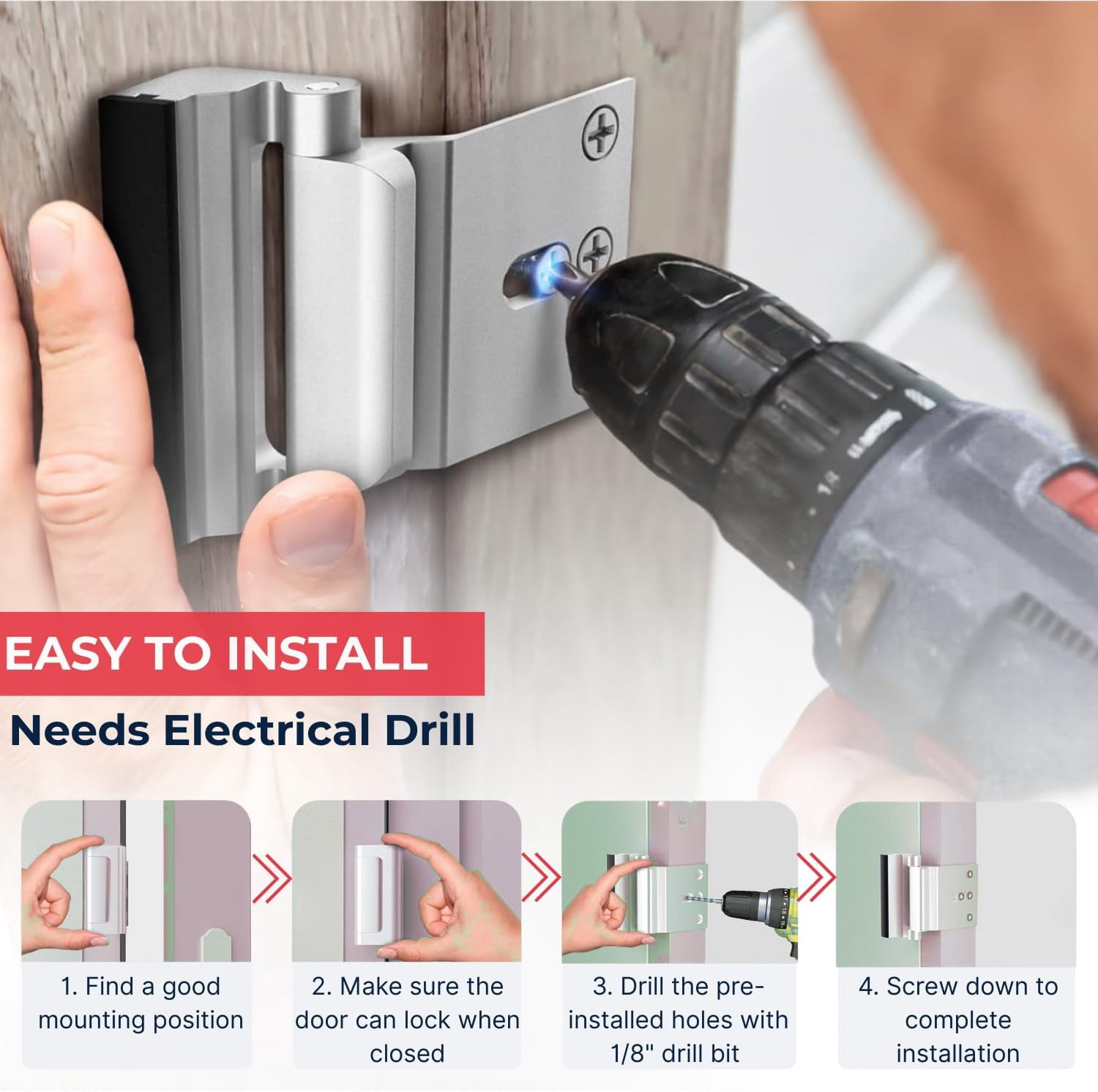 Home Security Door Lock for Kids Safety, Childproof Reinforcement Latch for Front Door, Heavy Duty Metal Safety Lock for Inside Swinging Doors, Easy Install Door Security Lock
