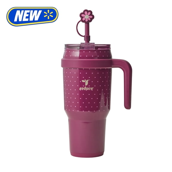 Reduce 40oz Cold1 Travel Mug with Straw and Straw Topper, Lid & Travel Handle, Insulated Stainless Steel, Cherry Pink Dots
