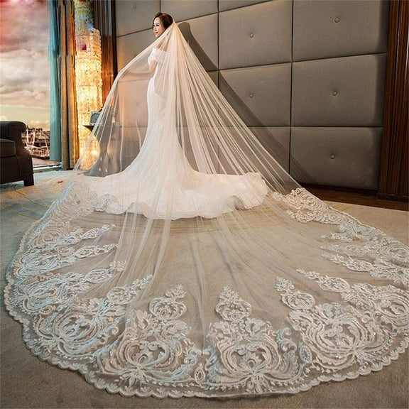 EllieWely 1 Tier Cathedral Length 3.5 M(138 inch) Lace Wedding Bridal Veil With Metal Comb White