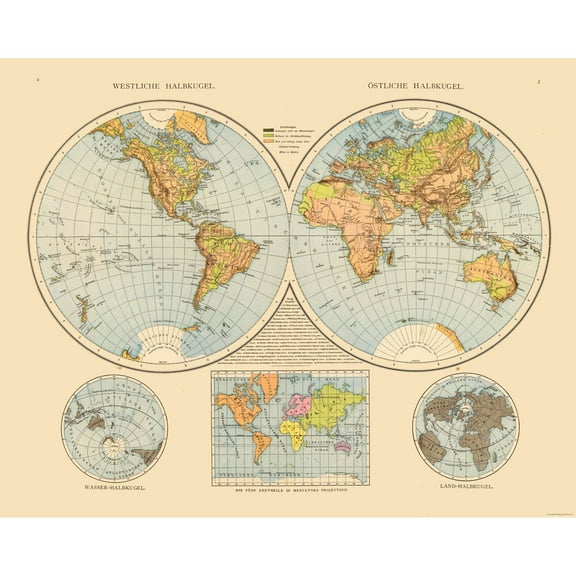 Historic Map - Eastern Western Hemispheres  - Vintage Wall Art