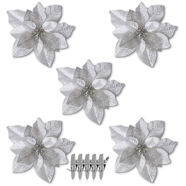 Bewildely 15/5 uds, polvo de brillo de flores artificiales de Navidad, adornos de árbol de Navidad DIY, flores falsas, decoraciones de Año Nuevo de Kits de decoración para fiestas plata 5PCS