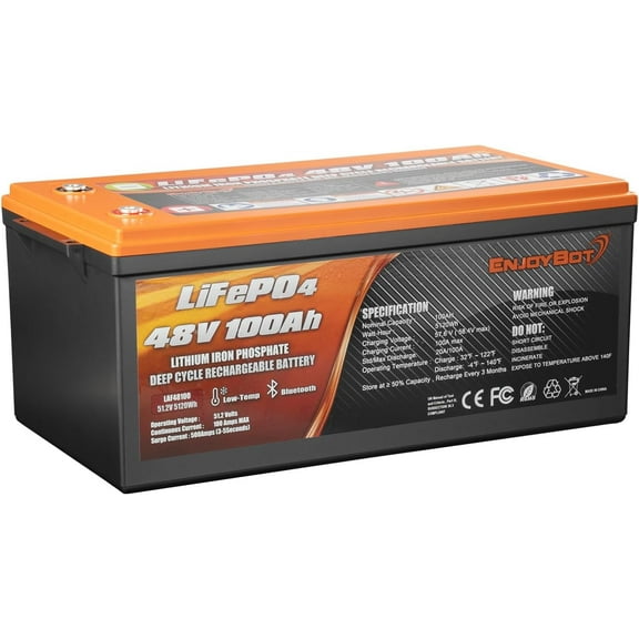 Enjoybot 48V 100Ah LiFePO4 Lithium Battery with  5120Wh, Built-in 100A BMS and Bluetooth, Low Temperature Cut-Off Function and Peak Current 500A Perfect for Golf Cart Solar Off-Grid RV Camper