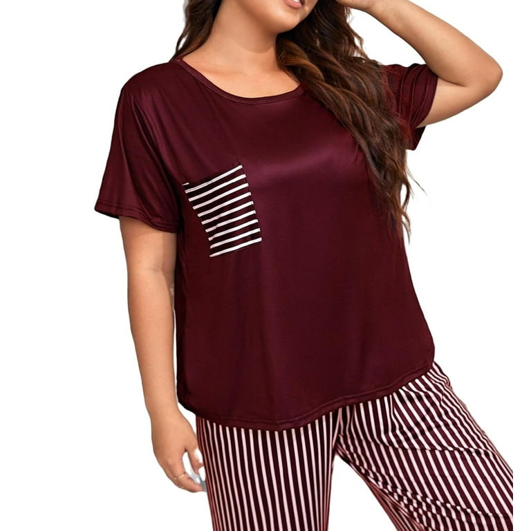 Casual Striped Round Neck Tee Pant Sets Short Sleeve Red and White