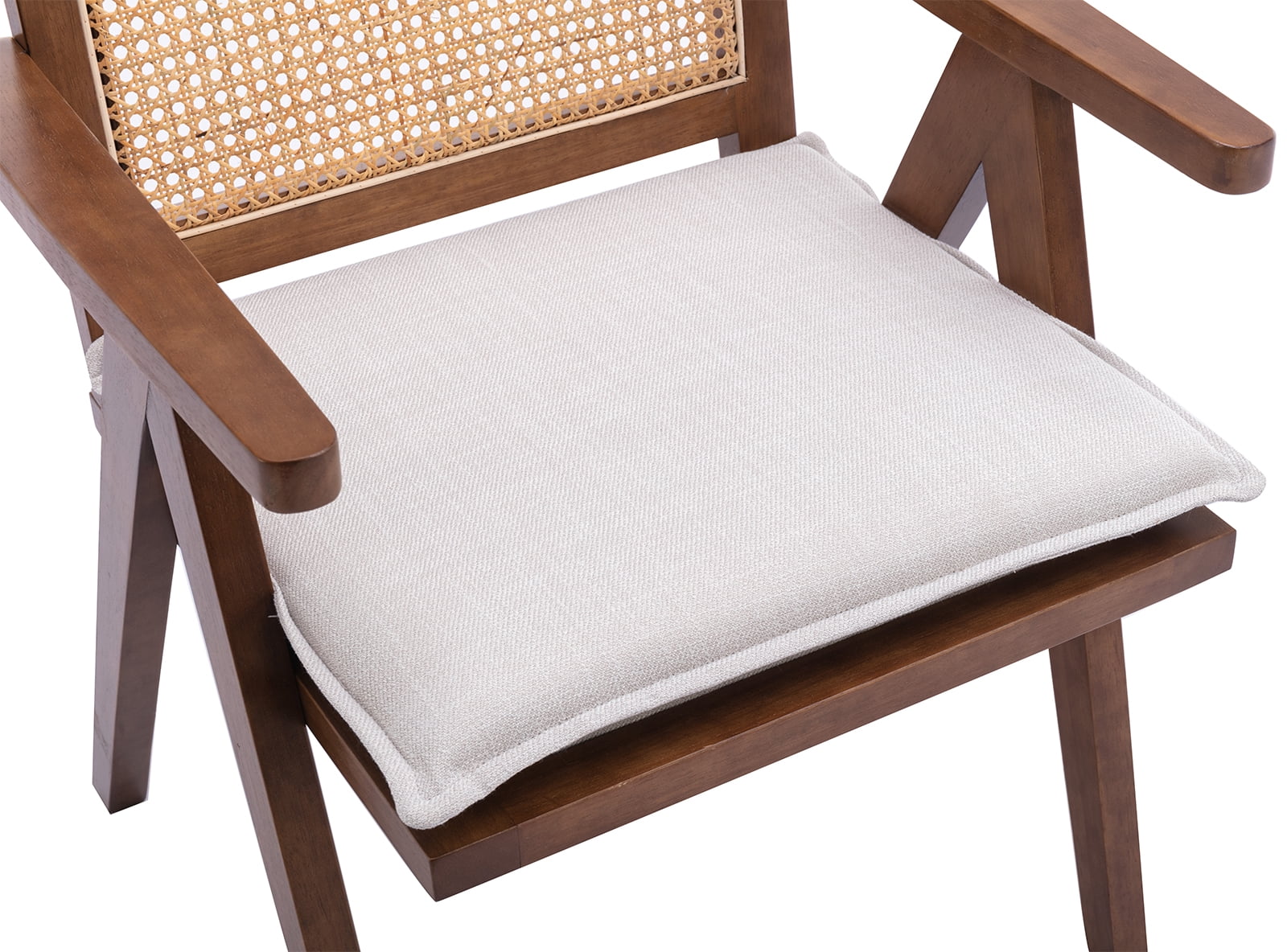 Guyou Modern Rattan Dining Chair Set of 2, Mid-century French Farmhouse Upholstered Solid Wood Armchair Reading Chair, Retro Accent Chair with Woven Back and Walnut Base, Beige Fabric