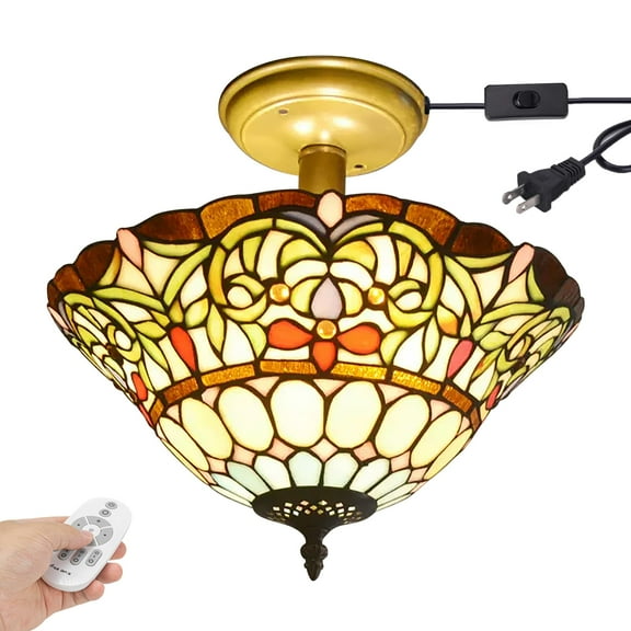 Kiven 13.8in Plug-in Flush Mount Ceiling Light Fixture, 3-Light Anti Glare Close to Ceiling Light with 15FT Cord, Tiffany-Style Glass Chandelier Dimmable for Bedroom Kitchen Hallway(No.3199)