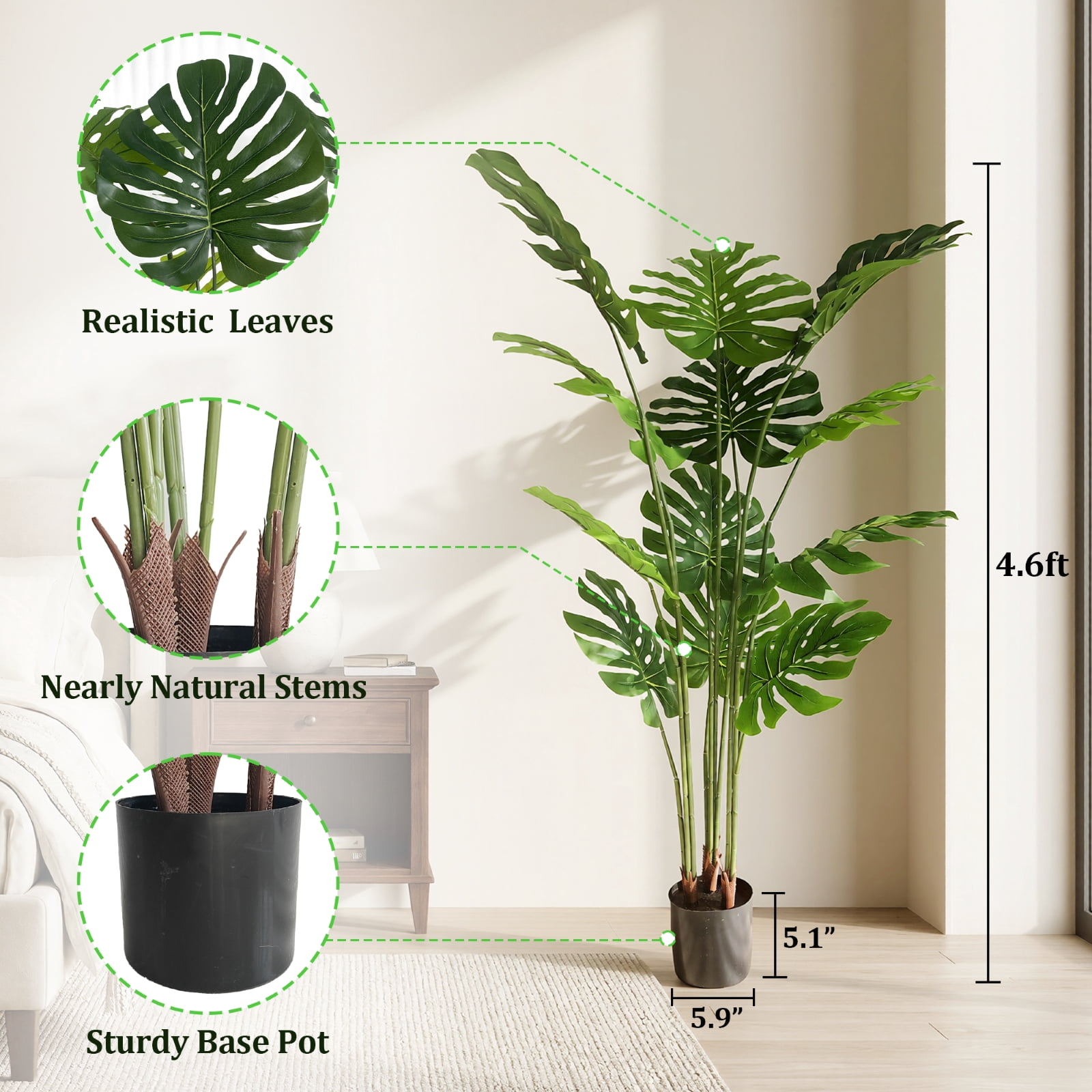 BEAUTYPEAK 4.6FT Artificial Plant Fake Indoor Monstera Plant Decorative Outdoor Greenery in Black Pot